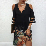 Pbong mid size graduation outfit romantic style teen swag clean girl ideas 90s latina aesthetic Summer V Neck Dress Women Casual Off Shoulder Lace Mesh Patchwork Beach Dress Elegant Floral Print Black Party Mini Dress Robe