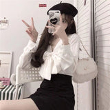 New Spring 2 Piece Skirts Set Women Long Sleeve V-neck Loose Bow Shirt + Mini Skirts Sweet Fashion Suit Korean  Clothing