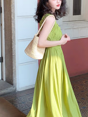 Vintage Strap Dress Women Pure Color Sleeveless Beach Midi Dress Office Lady Causal Elegant One Piece Dress Korean  Summer