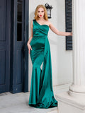 One Shoulder Padded Sexy Satin Maxi Dress Women&#39;s Evening Party Dress Gown with Ribbon Royal Blue Green Draped Long Dress