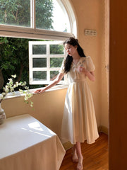 French Elegant Short Sleeve Dress Woman Casual Slim One Piece Dress Korean Fashion Summer Party Casual Vintage Midi Dress
