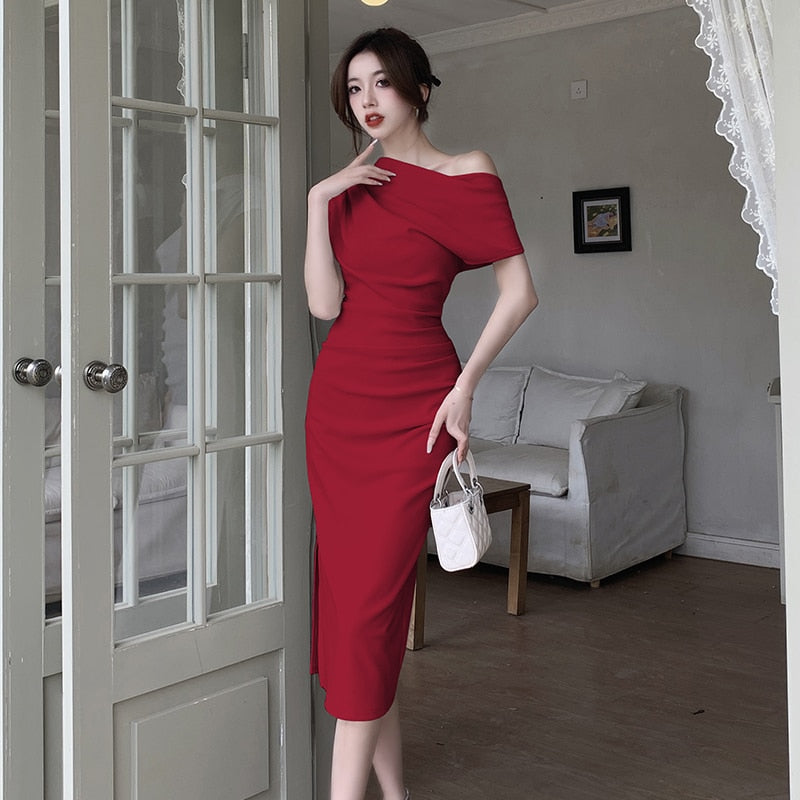 French Temperament Celebrity Wind Sexy Strapless Oblique Collar Dress Female Spring and Summer Slim Open Package Hip Long Dress