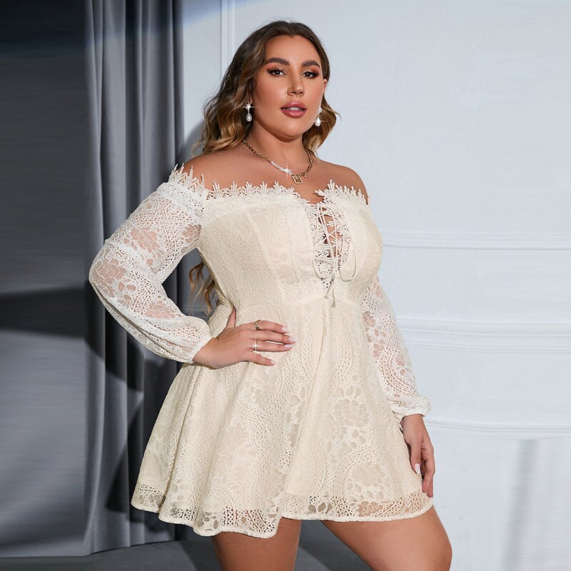 Sexy Women Plus Size Dresses Embroidered Lace Edge One-shoulder Short Dress Sweet  New Solid Color Elegant A-line Dress