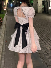 Summer French Vintage Floral Mini Dress Woman Beach Elegant One Piece Dress Korean Fashion Bow Sweet Short Party Dress Chic