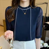 Summer Women Blouse O-Neck Blue Chiffon Blouse Shirt Tops Women Short Sleeve Blouse Women Blusas Mujer De Moda Blouses F97