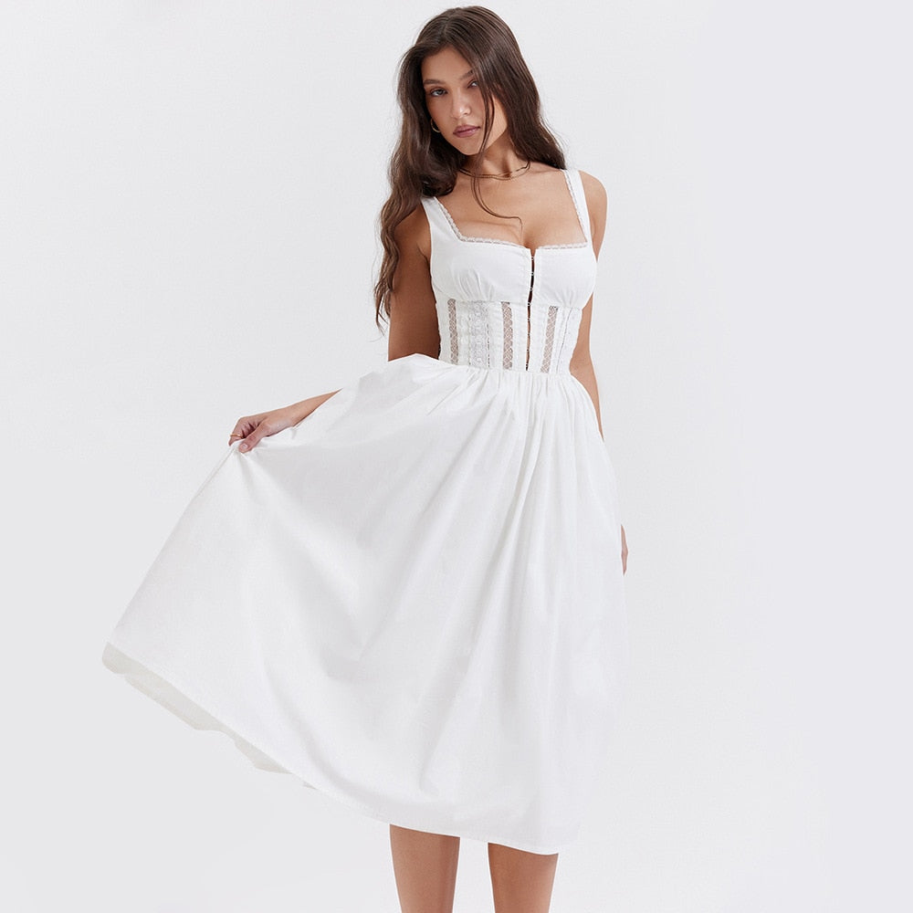 Summer Square Neck Sleeveless White Holiday Dress Elegant Lace Hollow Out A Line Party Dress with Lining Dress