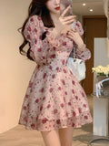 Summer Sweet Elegant Short Party Dress Korean Fashion Floral Mini Dress Beach Long Sleeve Casual Vintage Dress Woman Chic