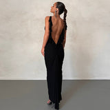Orange Ruffles Maxi Dress Elegant Sexy Backless Ruched Bodycon Party Dress  Women Straps Sleeveless Club Evening Dress