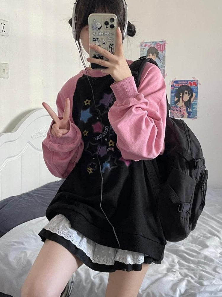 Y2K Aesthetic Star Print Hoodies Women Harajuku Kpop Casual Oversized Sweatshirts Streetwear Loose Pullover Tops E-girl