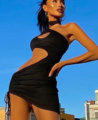 Dress Women Sexy Cutout Sleeveless Diagonal Neck Dress Summer New Female Solid Color Midnight Glamorous Party Dress