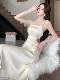 Elegant Women Satin Dress Chic Side Hollow Out Slim A-Line Formal Dresses Spaghetti Strap Square Collar Summer Vestidos