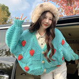 Women Harajuku Strawberry Loose Cardigan Sweater Fall Fashion Long Sleeve Korean Tops Chic Female Preppy Style Y2k Sweater