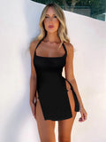 Metal Circle Split Mini Dress For Women Summer New Black Halter Backless Sleeveless Bodycon Short Dress Vestidos