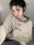 Vintage Oversized Sweatshirts Women Korean Fashion Streetwear Kpop Pullover V Neck Casual Harajuku Grunge Tops Autumn