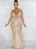 Beyprern Sparkle Black Mesh Sheer Rhinestones Maxi Dress Gown Women Glam Spagetti Straps Crystal Party Dress Celebrities Outifts