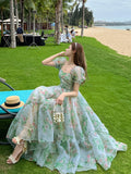 Vintage Floral Evening Midi Maxi Dresses for Women Elegant Casual Party Prom Green Holiday Princess Fairy Long Dress Summer