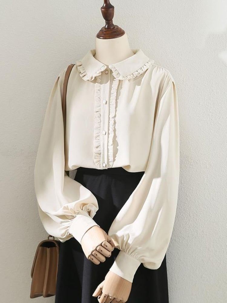 Sweet Kawaii Blouse Lolita Cute Ruffles Elegant Vintage Long Sleeve Shirts Women Loose Casual Peter Pan Collar Tops