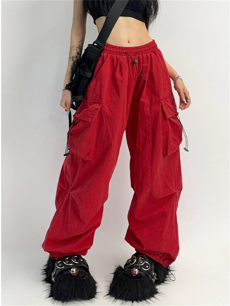 Cyber Y2K Red Parachute Pants Women Hip Hop Streetwear Gray Cargo Trousers Oversized Egirl Punk Black Wide Leg Pantalones