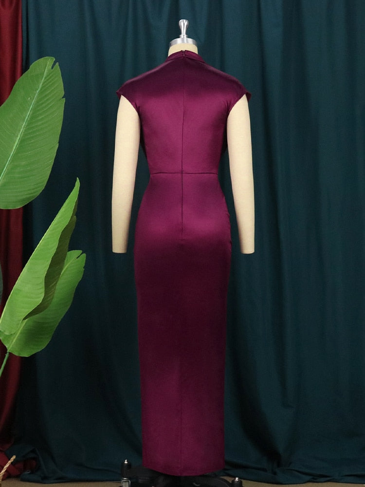 Pbong mid size graduation outfit romantic style teen swag clean girl ideas 90s latina aestheticWomen Dress Pleated Long Wine Red Elegant Slit High Collar Slim Fit Sleeveless Maxi Robes Female Shiny Gowns Party Spring