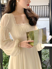 French Elegant Solid Midi Dress Woman Fairy One Piece Dress Korea Fashion Summer Long Sleeve Even Party Dress Casual Female