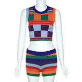 2Two Piece Set Knitted Multi-Color Stitching Women Slim O-neck Sleeveless Tank Tops+Stretchy Shorts Casual Suit Female