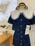 Summer Women Sweet Denim Suit Lace Peter Pan Collar Single Breasted Tops+high Waist A-line Skirts Two Piece Set