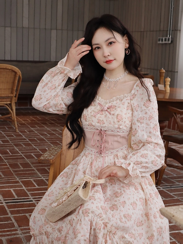 Spring Pink Floral Elegant Dress Women Bandage Lace Print Sweet Vintage Dress Puff Sleeve Kawaii Dress Women Princess Fairy