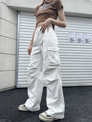 Cyber Y2K White Cargo Pants Women Korean Style Egirl Brown Wide Leg Trousers Oversized Streetwear Hip Hop Pleated Pantalon