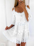 New Casual Loose Smocked Sundress Summer Vintage Lace Paneled Resort Style Dress Women Sling Off Shoulder Beach Dresses Vestidos