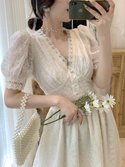 Summer Elegant Lace Fairy Dresses Women Embroidery Mesh Sweet Party Long Dress Female Elegant Korean Lolita Princess Dress