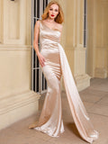 One Shoulder Padded Sexy Satin Maxi Dress Women&#39;s Evening Party Dress Gown with Ribbon Royal Blue Green Draped Long Dress