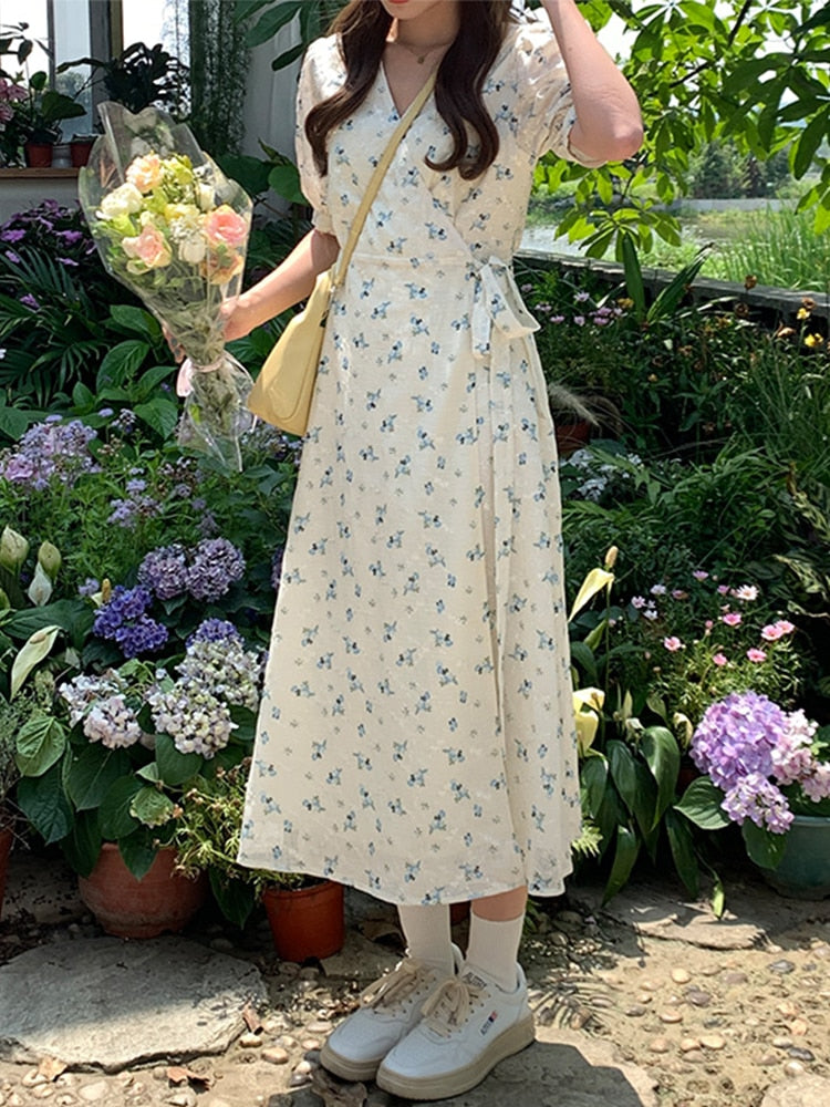 Harajuku Cute Sweet Girls Short Sleeve V-Neck A Line Vintage Korea Japanese Style Floral Long Maxi Dress for Women Summer