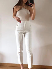 Woman Casual Solid High Waisted Pants Spring Elegant Female Basic Pocket Pant Office Ladies 14 Color Pant