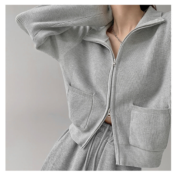 Women's Korean Knitting Sweater Zipper Cardigan Long Sleeve Casual Vintage Fashion Lazy Baggy Outerwear Tops Autumn Grey Sweater