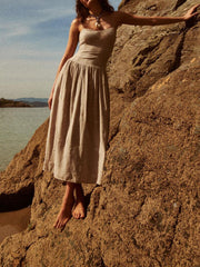New Ladies Elegant Casual Suspender Embroidered Linen Dress
