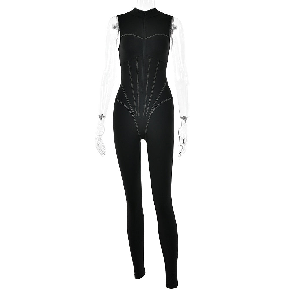 Sexy Elegant Women Zip-up O-neck Long Sleeve Jumpsuit Streetwear Summer Female Overalls One Piece Fitness Sports Bodysuits