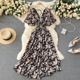 Retro Floral Print Ruffle Chiffon Elegant Midi Dress A-line V Neck Beach Vacation Dress Women Korean Fashion Summer Vestidos