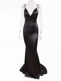 Deep V Neck Black Satin Maxi Dress Long Mermaid Bodycon Floor Length Open Back Stretch Cut Out Party Dress