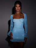 Elegant Backless Sexy Mini Dress For Women Robe Two Layer Mesh Full Sleeve Zipper Bodycon Party Short Dress Vestido
