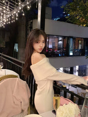 Pure Color Elegant Knitted Dress Woman Bodycon Slim Y2k Mini Dress Casual Party Korean Fashion Long Sleeve Dress Winter