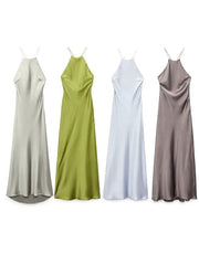 Dresses For Women Summer Fashion Solid Satin Long Dress Halter Backless Sexy Lady Elegant Evening Dress Vestido De Mujer