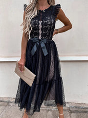 Pbong Women Elegant Turtleneck Lace Patchwork Party Dress Sexy Sleeveless Ladies Summer Mesh Ruffle Dress Cute Princess Lace-Up Dress