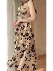 Evening Party Dress Women Casual Short Sleeve Floral Midi Dress Female Summer Vintage Elegant One Piece Dress Korean Chic