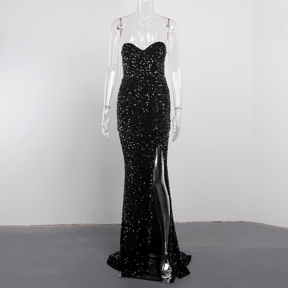 Sexy Split Sleeveless Stretch Sparkle Sequin Floor Length Party Dress Strapless Padded Bodycon Mermaid Maxi Dress Black