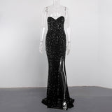 Sexy Split Sleeveless Stretch Sparkle Sequin Floor Length Party Dress Strapless Padded Bodycon Mermaid Maxi Dress Black