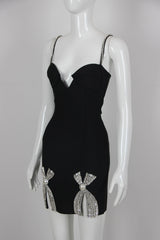 Party Dress Women Luxury Crystal Bow Spaghetti Strap Black Sleeveless Sexy Mini Bodycon Bandage Dress Vestido