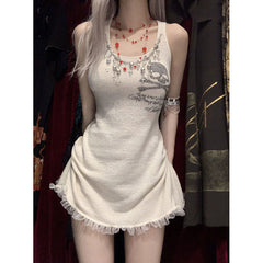 Gothic Dress Women Summer Y2k Tank Dress Skull Print Lace Patchwork Sleeveless Streetwear Bodycon Harajuku Sundress