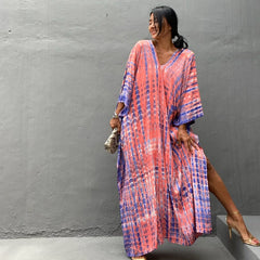 Bohemian Striped Print Women Beach Dress Bathing Suit Cover Up Summer Tunic For Woman Beachwear Robe de plage Kaftan Pbong  mid size graduation outfit romantic style teen swag clean girl ideas 90s latina aesthetic
