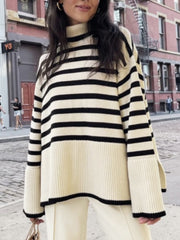 Winter Women’s Long Sleeves Knit Sweater Turtleneck Striped Print Loose Pullover Tops  Autumn Oversized Sweater