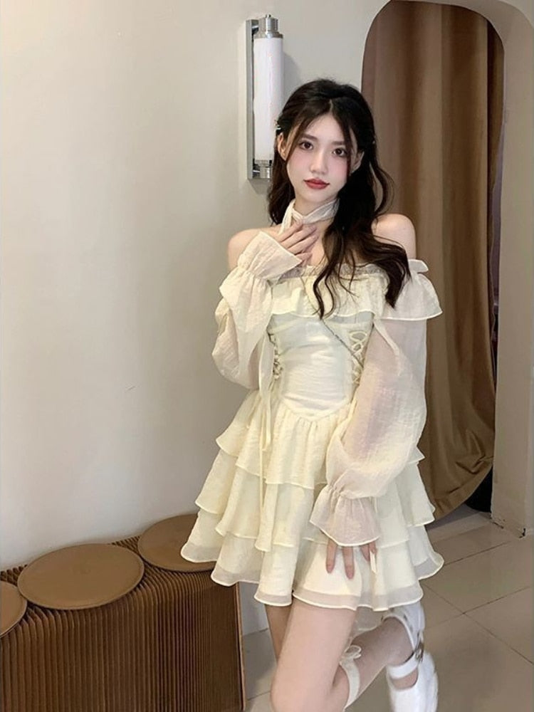 Long Sleeve Elegant Mini Dress Lolita Pure Color Short Party Dress Woman Casual Spring Sweet One Piece Dress Korean Fashion